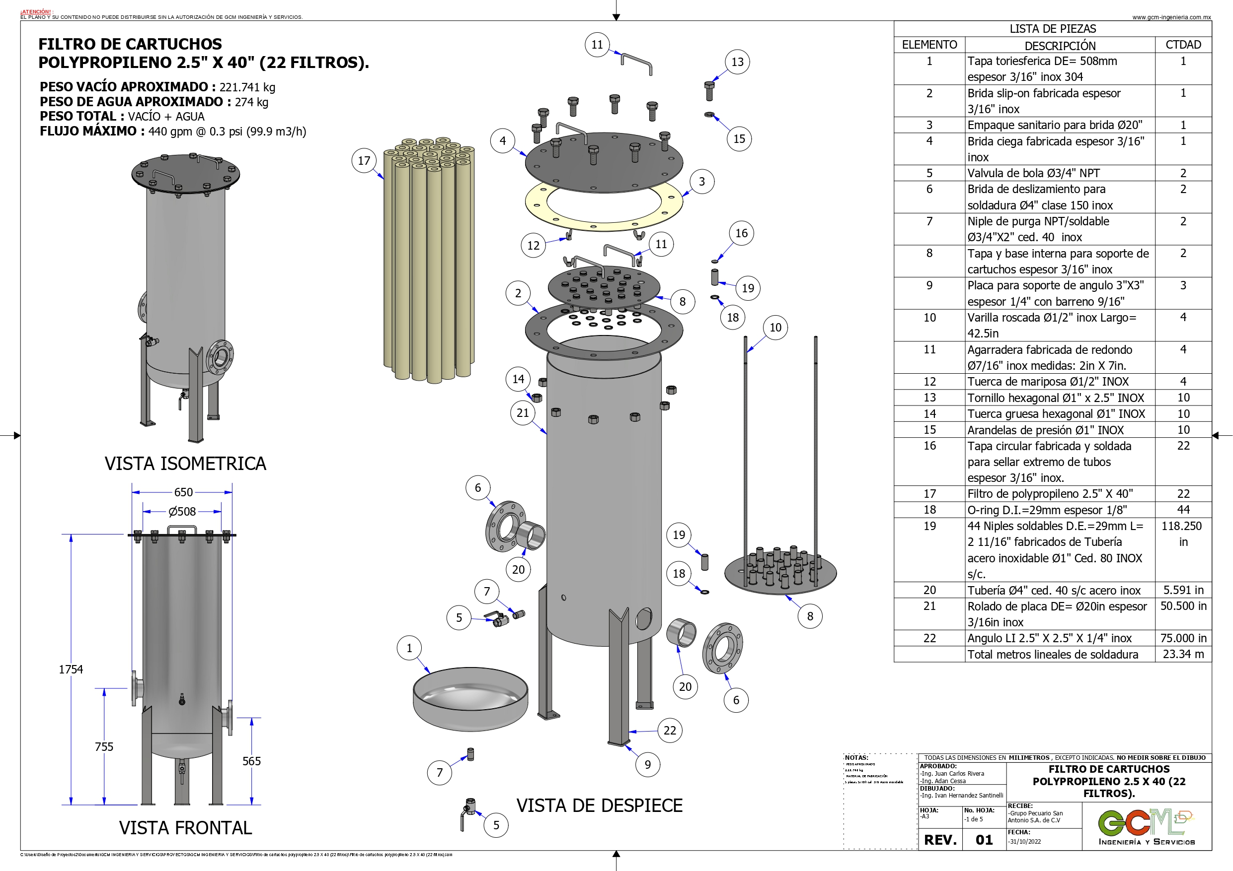 多层聚丙烯筒式过滤器外壳2.5 X 40 (22个过滤器)